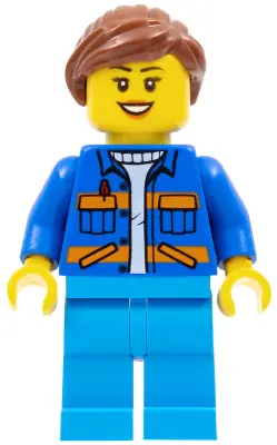CTY0957:  Garbage Worker - Female, Blue Jacket with Diagonal Lower Pockets and Orange Stripes, Dark Azure Legs, Reddish Brown Ponytail