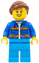 Minifigurka: CTY0957:  Garbage Worker - Female, Blue Jacket with Diagonal Lower Pockets and Orange Stripes, Dark Azure Legs, Reddish Brown Ponytail
