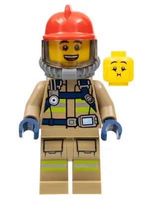 CTY0960:  Fire - Reflective Stripes, Dark Tan Suit, Red Fire Helmet, Open Mouth, Breathing Neck Gear with Blue Air Tanks