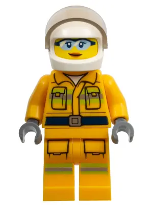 CTY0961:  Fire - Reflective Stripes, Bright Light Orange Suit, White Helmet, Safety Glasses, Dark Orange Lips Closed Mouth Smile