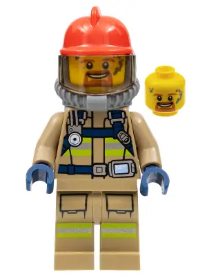 CTY0962:  Fire - Reflective Stripes, Dark Tan Suit, Red Fire Helmet, Open Mouth with Goatee, Breathing Neck Gear with Blue Air Tanks