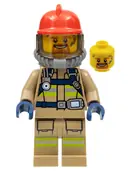 Minifigurka: CTY0962:  Fire - Reflective Stripes, Dark Tan Suit, Red Fire Helmet, Open Mouth with Goatee, Breathing Neck Gear with Blue Air Tanks
