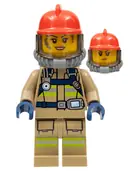 Minifigurka: CTY0967:  Fire - Reflective Stripes, Dark Tan Suit, Red Fire Helmet, Open Mouth with Nougat Lips and Dirty Face, Breathing Neck Gear with Blue Air Tanks