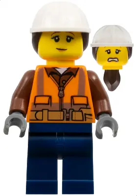 CTY0969:  Construction Worker - Female, Orange Safety Vest, Reflective Stripes, Reddish Brown Shirt, Dark Blue Legs, White Construction Helmet with Dark Brown Ponytail Hair, Nougat Lips