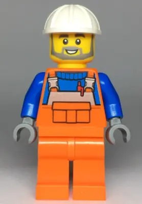 CTY0971:  Construction Worker - Male, Orange Overalls with Reflective Stripe and Buckles over Blue Shirt, Orange Legs, White Construction Helmet, Beard