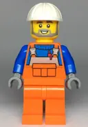 Minifigurka: CTY0971:  Construction Worker - Male, Orange Overalls with Reflective Stripe and Buckles over Blue Shirt, Orange Legs, White Construction Helmet, Beard