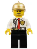 Minifigurka: CTY0973:  Fire - White Shirt with Tie and Belt and Radio, Black Legs, Gold Fire Helmet