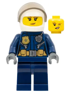 CTY0976:  Police - City Helicopter Pilot Female, Gold Badge and Utility Belt, Dark Blue Legs, White Helmet, Nougat Lips Crooked Smile with Freckles