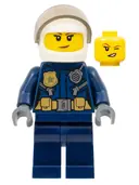 Minifigurka: CTY0976:  Police - City Helicopter Pilot Female, Gold Badge and Utility Belt, Dark Blue Legs, White Helmet, Nougat Lips Crooked Smile with Freckles