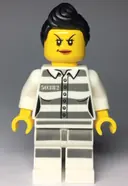 Minifigurka: CTY0979:  Sky Police - Jail Prisoner 50382 Prison Stripes, Female, Scowl with Dark Orange Lips, Black Ponytail