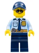 Minifigurka: CTY0981:  Police - City Officer Shirt with Dark Blue Tie and Gold Badge, Dark Tan Belt with Radio, Dark Blue Legs, Dark Blue Cap, Sunglasses