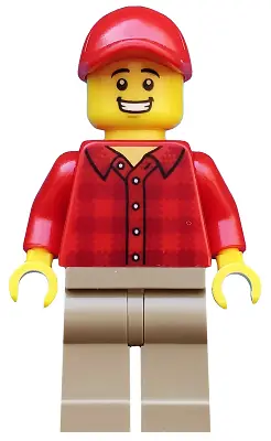CTY0982:  Popcorn Vendor - Male, Red Plaid Flannel Shirt, Dark Tan Legs, Red Cap