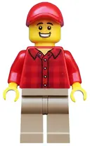Minifigurka: CTY0982:  Popcorn Vendor - Male, Red Plaid Flannel Shirt, Dark Tan Legs, Red Cap