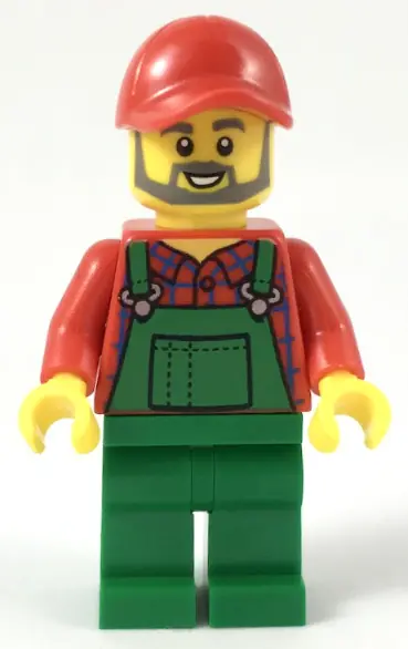 CTY0984:  Farmer - Red Cap and Flannel Shirt, Dark Bluish Gray Beard, Green Overalls