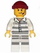 Minifigurka: CTY0988:  Sky Police - Jail Prisoner 86753 Prison Stripes, Scowl with Open Mouth and Headset, Dark Red Knit Cap