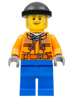 CTY0990:  Snow Groomer Operator - Male, Orange Safety Jacket, Reflective Stripe, Sand Blue Hoodie, Blue Legs, Black Knit Cap, Moustache and Sideburns