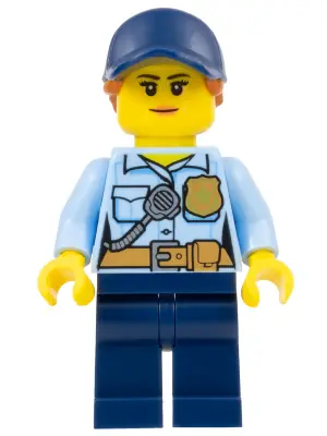 CTY0992:  Police - City Officer Female, Bright Light Blue Shirt with Badge and Radio, Dark Blue Legs, Dark Blue Cap with Dark Orange Ponytail
