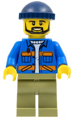 CTY0996:  Dock Worker, Male, Blue Jacket with Diagonal Lower Pockets and Orange Stripes, Olive Green Legs, Dark Blue Knit Cap