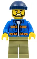 Minifigurka: CTY0996:  Dock Worker, Male, Blue Jacket with Diagonal Lower Pockets and Orange Stripes, Olive Green Legs, Dark Blue Knit Cap