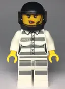 Minifigurka: CTY0998:  Sky Police - Jail Prisoner 50382 Prison Stripes, Female, Scowl with Red Lips and Open Mouth, Black Helmet