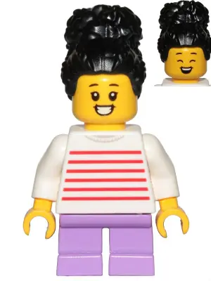 CTY1019:  Child - Girl, White Sweater with Red Horizontal Stripes, Medium Lavender Short Legs, Black Coiled Hair with Bun