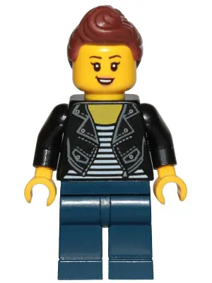 CTY1022:  Teenage Girl, Black Jacket and White Shirt with Black Stripes, Dark Blue Legs, Reddish Brown Hair Female Ponytail and Fringe