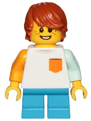 CTY1023:  Boy, Freckles, White Shirt with Orange Pocket, Dark Azure Short Legs, Dark Orange Hair Tousled with Side Part