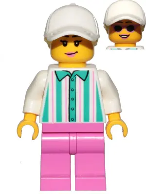 CTY1026:  Ice Cream Vendor - Female, White Shirt with Dark Turquoise Stripes, Dark Pink Legs, White Cap with Bright Light Yellow Ponytail Hair, Sunglasses