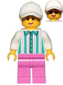 Minifigurka: CTY1026:  Ice Cream Vendor - Female, White Shirt with Dark Turquoise Stripes, Dark Pink Legs, White Cap with Bright Light Yellow Ponytail Hair, Sunglasses