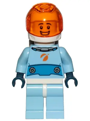 CTY1028:  Astronaut - Male, Bright Light Blue Spacesuit with Blue Belt, Trans-Orange Visor, Open Mouth Smile
