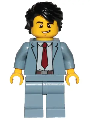 CTY1032:  Reporter - Sand Blue Suit, Dark Red Tie, Black Hair Swept Back Tousled