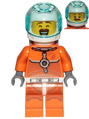 CTY1034:  Astronaut - Male, Orange Spacesuit with Dark Bluish Gray Lines, Trans-Light Blue Visor, Large Smile with Eyes Closed and Smirk
