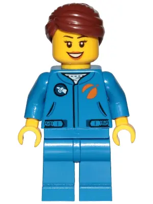 CTY1036:  Astronaut - Female, Blue Jumpsuit, Reddish Brown Hair Swept Back Into Bun, Open Mouth Smile