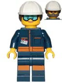 Minifigurka: CTY1038:  Rocket Engineer - Female, Dark Blue Jumpsuit, White Construction Helmet with Dark Brown Ponytail Hair, Light Blue Goggles and Face Covered with Dirt