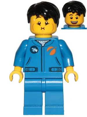 CTY1040:  Astronaut - Male, Blue Jumpsuit, Black Hair Short Tousled with Side Part, Queasy and Open Mouth Smile