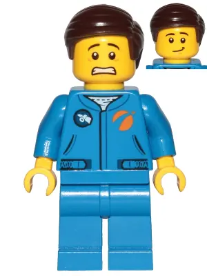 CTY1041:  Astronaut - Male, Blue Jumpsuit, Dark Brown Hair Short Combed Sideways Part Left, Scared and Lopsided Smile