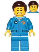 Minifigurka: CTY1041:  Astronaut - Male, Blue Jumpsuit, Dark Brown Hair Short Combed Sideways Part Left, Scared and Lopsided Smile