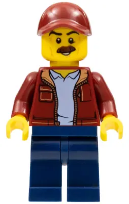 CTY1043:  Man, Dark Red Jacket with Bright Light Blue Shirt, Dark Blue Legs, Dark Red Cap with Hole, Moustache (Taxi Driver)