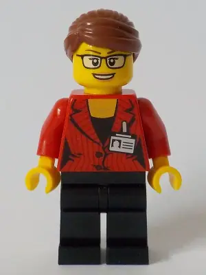 CTY1045:  Reporter - Female, Red Suit Jacket with ID Badge, Black Legs, Reddish Brown Hair Swept Back into Bun, Glasses
