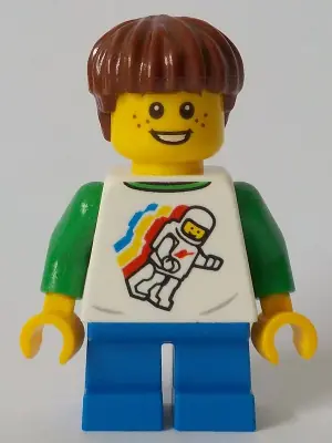CTY1046:  Child - Boy, Classic Space Shirt with Minifigure Floating and Back Print, Blue Short Legs, Reddish Brown Hair, Freckles
