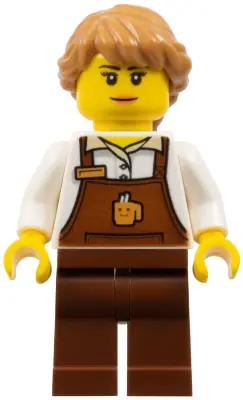 CTY1049:  Barista - Female, Reddish Brown Apron with Cup and Name Tag, Reddish Brown Legs, Medium Nougat Hair