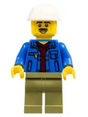 Minifigurka: CTY1050:  Truck Driver - Blue Jacket over Dark Red V-Neck Sweater, Olive Green Legs, White Construction Helmet