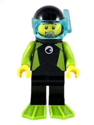 CTY1052:  Diver - Male, Black Wetsuit with White Logo and Lime Trim and Flippers