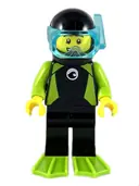 Minifigurka: CTY1052:  Diver - Male, Black Wetsuit with White Logo and Lime Trim and Flippers