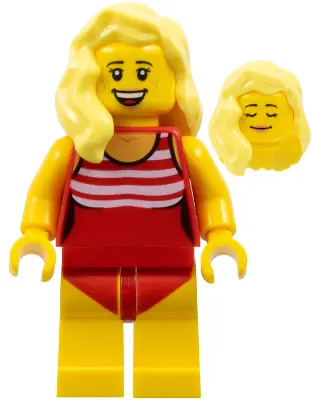 CTY1053:  Swimmer - Female, Red Swimsuit with White Stripes, Bright Light Yellow Hair