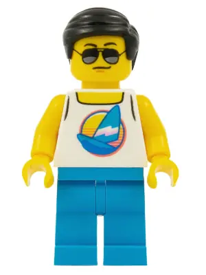 CTY1054:  Beach Tourist - Male, White Tank Top with Dark Azure Sailboat, Dark Azure Legs, Black Hair Short Combed Sideways Part Left