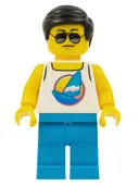 Minifigurka: CTY1054:  Beach Tourist - Male, White Tank Top with Dark Azure Sailboat, Dark Azure Legs, Black Hair Short Combed Sideways Part Left