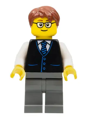 CTY1057:  Launch Director - Male, Black Vest with Blue Striped Tie, Dark Bluish Gray Legs, Reddish Brown Short Tousled Hair, Glasses