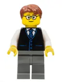 Minifigurka: CTY1057:  Launch Director - Male, Black Vest with Blue Striped Tie, Dark Bluish Gray Legs, Reddish Brown Short Tousled Hair, Glasses