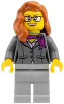 Minifigurka: CTY1058:  Scientist - Female, Dark Bluish Gray Jacket with Magenta Scarf, Dark Orange Female Hair over Shoulder, Glasses